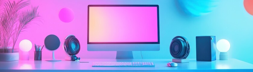 Poster - a modern workspace featuring a computer, stylish speakers, and ambient lighting in vibrant pink and 
