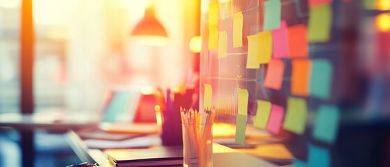 Poster - Colorful sticky notes on a bright office desk setting