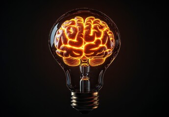 Poster - glowing brain inside a lightbulb on a dark background. abstract digital art concept of ideas, intell