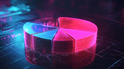 Poster - A vibrant, 3D pie chart illuminated in pink and blue, set against a digital background, symbolizing data visualization and analytics.