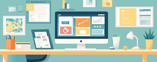 Poster - a modern workspace featuring a computer, tablet, and decorative elements, emphasizing productivity a