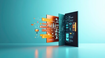 Poster - A futuristic depiction of a digital interface with vibrant data streams emerging from a sleek, dark panel against a soft teal background.