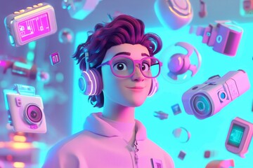 Poster - A vibrant, stylized character with headphones surrounded by various tech gadgets, reflecting a modern, digital lifestyle.