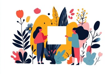 Aufkleber - A flat 2D design of a person handing over a completed document to an official, with bold, simple shapes on a bright white canvas