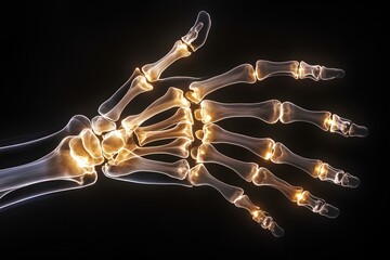Poster - An artistic representation of an x-ray hand showcasing skeletal structure with illuminated joints and  intricate bone details 