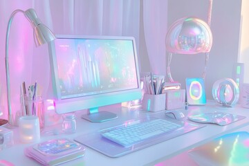 Poster - A colorful, modern workspace featuring a glowing computer, stylish lamp, and pastel decor, creating a dreamy, creative atmosphere.