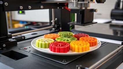 Poster - 3d food printer layering colorful ingredients on a plate, creating intricate edible designs that highlight innovative culinary technology and personalized nutrition
