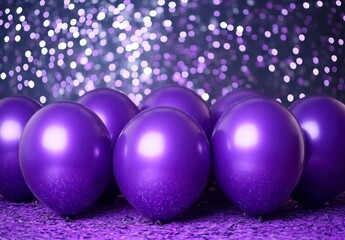 Canvas Print - Group of glossy purple balloons arranged on a purple sparkly surface against a bokeh background