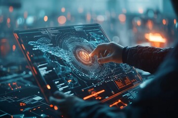 Aufkleber - A futuristic holographic checklist hovering in mid-air, with a person interacting with it in a sleek, high-tech room glowing with neon lights