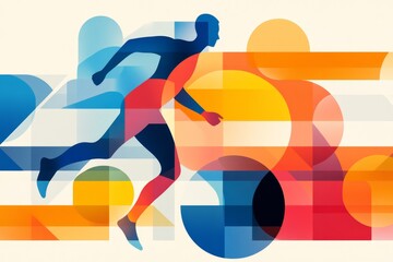 Fototapete - A geometric depiction of a running athlete in motion, with simple lines and bold colors capturing energy and skill