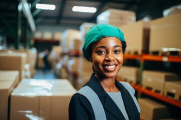 Wall Mural - Smiling young African American woman working in factory