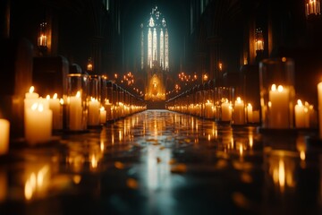 Poster - A gothic depiction of a cathedral with sufficient glowing candles lining the aisles, casting warm light onto the dark, ornate walls
