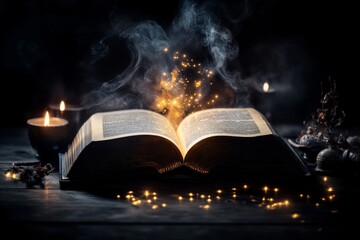 Poster - A gothic depiction of an ancient book with glowing pages, revealing the significant events of a dark era in history, surrounded by shadowy figures and candlelight