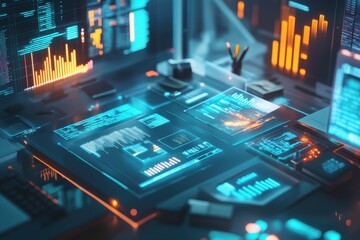 Poster - A high-tech workspace featuring glowing screens, data analytics, and vibrant graphs, emphasizing a modern digital environment.