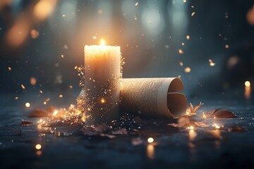 Poster - A magical scroll glowing with golden light, listing the significant accomplishments of a legendary hero in an enchanted setting with floating candles