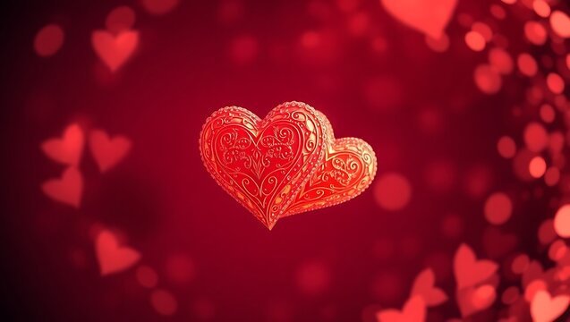Two hearts for valentines day. Horizontal romantic red background with glittering and sparkling bokeh effects. Abstract love concept with space for design and text