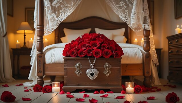 Valentines day romantic gift in country bedroom, symbol of love, romance and commitment inspiration AI generated