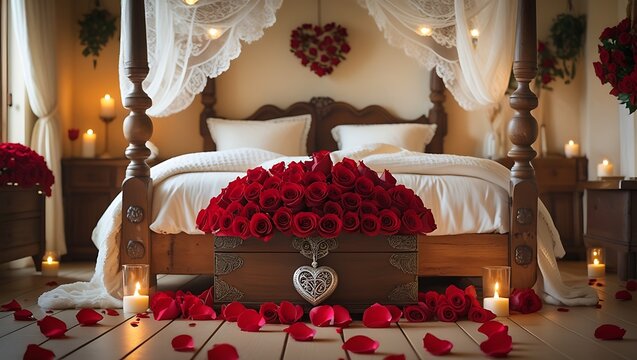 Valentines day romantic gift in country bedroom, symbol of love, romance and commitment inspiration AI generated
