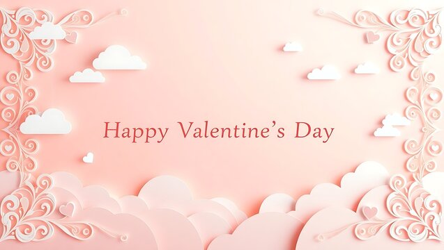 Horizontal banner with pink sky and paper cut clouds. Place for text. Happy Valentine's day sale header or voucher template with hearts. Rose cloudscape border frame pastel colors.