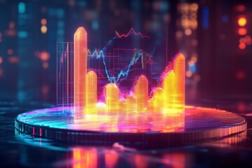 Poster - A vibrant, futuristic digital graph displays fluctuating financial data against a colorful, abstract background.