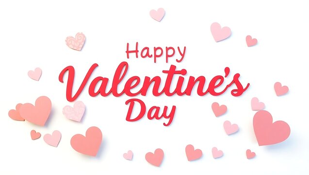 Happy Valentine's Day text with cutout paper hearts on white background 3D Rendering, 3D Illustration