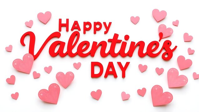 Happy Valentine's Day text with cutout paper hearts on white background 3D Rendering, 3D Illustration