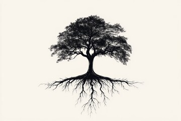Poster - A minimalist illustration of a tall tree with deep roots, symbolizing substantial growth, rendered in simple, clean lines with a neutral background