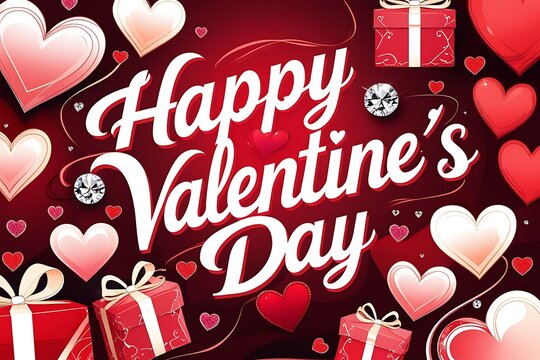 Happy valentines day vector banner background. Valentines day greeting card with typography and elements like gifts, red heart shapes and jewelries in red background