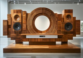 Poster - Large wooden sound system, geometric design, circular opening, speakers, modern art installation, contemporary, minimalist, brown tones, light filled