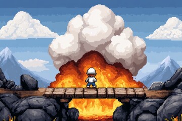 Poster - A pixel art character tentatively crossing a narrow bridge over a lava-filled chasm in a retro-style video game, with animated fire and glowing pixel effects