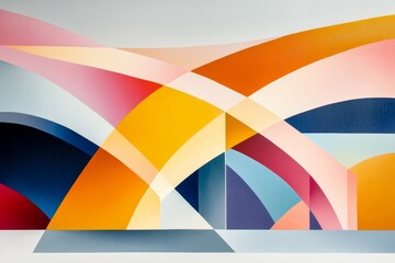 Poster - A simple geometric depiction of a large bridge spanning across a valley, with sharp, clean lines and muted pastel tones
