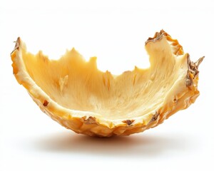 Canvas Print - Close up of a pale yellow pineapple peel, showing its textured surface and remnants of fruit, set against a bright white background. The peel is