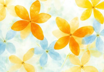 Wall Mural - Soft, translucent orange and blue flowers on a bright white background. The image features an ethereal, dreamy quality with delicate flower petals