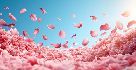 Wall Mural - Pink petals float in the air above a field of pink flowers under a bright blue sky. Soft light illuminates the scene, creating a dreamy, romantic