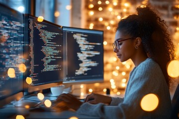 Aufkleber - A tech prodigy coding intensely on multiple monitors, with lines of code glowing on the screens in a dimly lit room