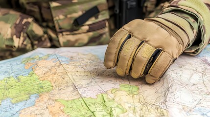 tactical soldier gripping map with isolated white background