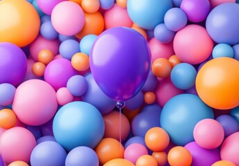 Wall Mural - Purple balloon among pastel colored spheres. Colorful background of various sizes and shades of pink, orange, blue, and purple spheres. Playful and