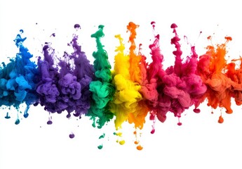 Poster - Vibrant rainbow colored ink swirls and plumes against a stark white background. The colors blend and mix, creating a dynamic and abstract image. The