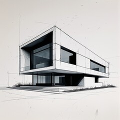 Wall Mural - Futuristic house house art black and white flat design simple line hand drawing on plain white background