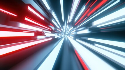 Poster - Red and white neon lights streak through a dark tunnel, creating a dynamic and futuristic perspective with motion blur, ideal for technology or science fiction themes