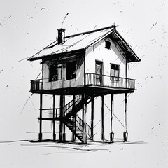 Wall Mural - Stilt house house art black and white flat design simple line hand drawing on plain white background