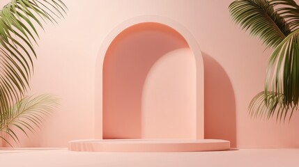 Poster - Pink pastel cylinder podium featuring arched backdrop and palm fronds, creating minimalist staging for beauty product display and premium brand presentation