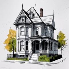 Wall Mural - Victorian house art black and white flat design simple line hand drawing on plain white background