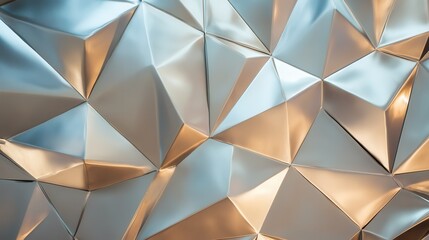 Poster - Geometric low poly metallic background reflecting a blend of warm and cool light, crafting an abstract and futuristic design with sleek textures and modern shapes