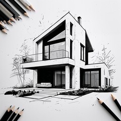 Wall Mural - Contemporary house art black and white flat design simple line hand drawing on plain white background