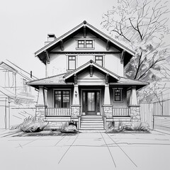 Wall Mural - Craftsman house art black and white flat design simple line hand drawing on plain white background