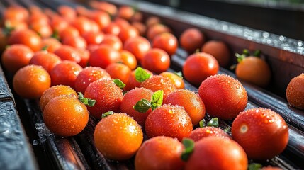 Wall Mural - Freshly harvested tomatoes glistening with dew on conveyor belt in vibrant farm setting