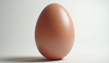 Poster - A single, light brown egg stands upright against a bright white background. The egg's surface displays a subtly textured appearance. The lighting is