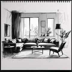 Wall Mural - Living room area art black and white flat design simple line hand drawing on plain white background