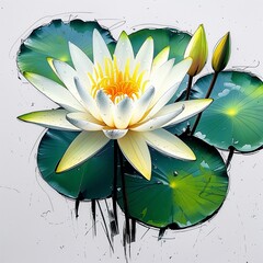 Sticker - Water lily flower art white and yellow flat design simple line hand drawing on plain white background